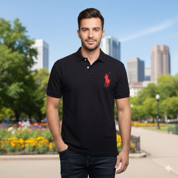 Vintage Polo Ralph Lauren Men XXL Red Big Pony #3 Black Short Sleeve Shirt - Picture 1 of 10